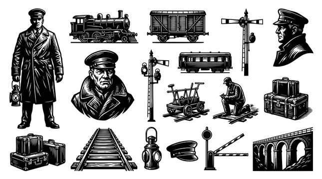 Black and White Vintage Engraving Style Railway Elements Collection: Train, Conductor, Tracks, Signal
