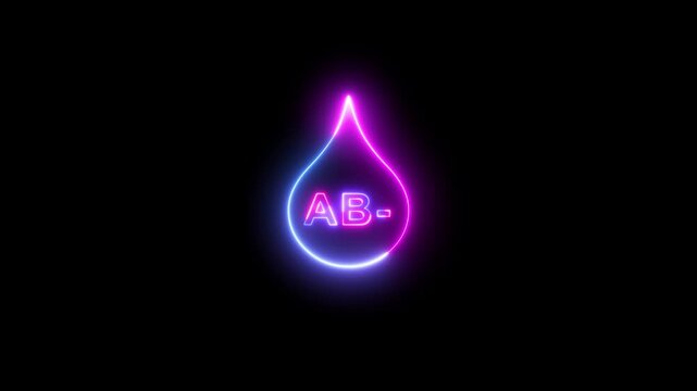 Neon ab negative type glowing on black background, for medical and, healthcare motion medical, neon sign