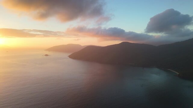 Aerial view of the island of Ilha Grande near the town of Angra dos Reis in Brazil during sunrise