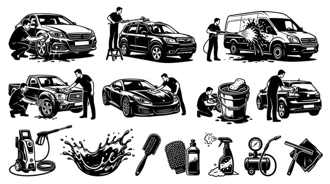 Car Wash Vector Icons Set: Automotive Cleaning Service, Black and White Line Art