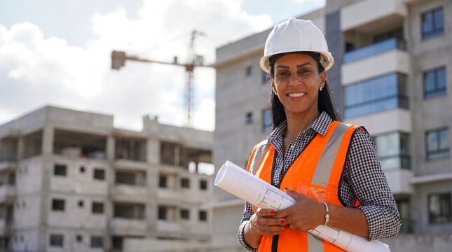 Professional female architect or civil engineer in a white hard hat and safety vest smiling while holding blueprints at a modern construction site with buildings and a crane behind her
