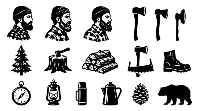 Lumberjack Icons: Black  White Vector Graphics for Outdoor and Camping Themes