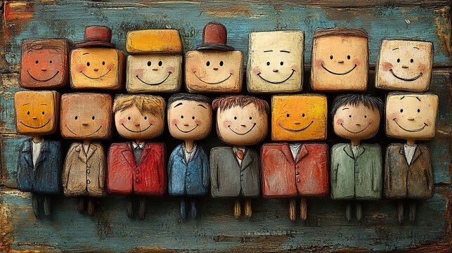 Colorful Row of Tiny Wooden Block Figures with Hats and Painted Faces Across a Weathered Blue Shelf