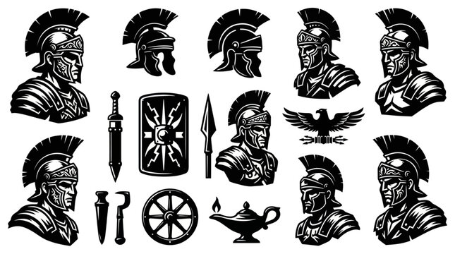 Ancient Roman Military Helmets and Empire Symbols Black  White Vector Illustration Set