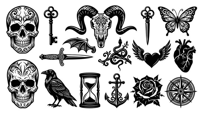 Black and white vector graphic icons of gothic occult symbols - skulls, ram skull, key, dagger, bat wing, raven, hourglass, snake, heart, anatomical heart, rose, anchor, compass