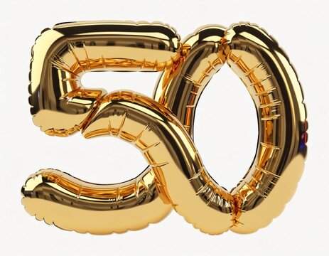 a Two golden foil balloons form the number fifty on a white background.