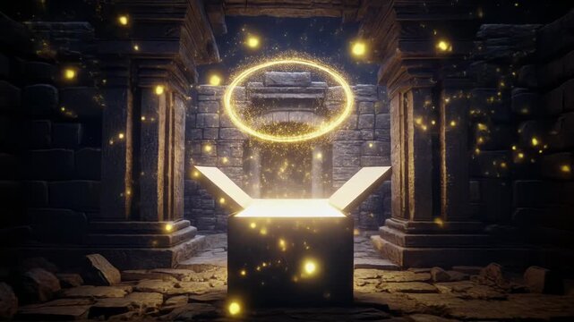 古代遺跡で魔法のプレゼントボックスが輝く壮大なファンタジーアニメーション