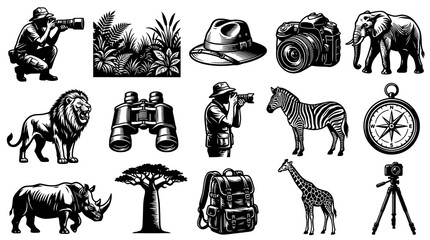 Obraz premium Safari Animals Gear Black and White Vector Icons - Wildlife Photography