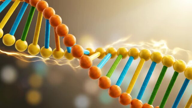 Colorful DNA helix structure, representing genetic code, biology, science, health, and research, with glowing bokeh background
