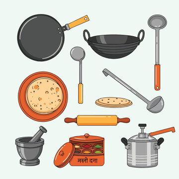 A colorful illustration of various kitchen utensils