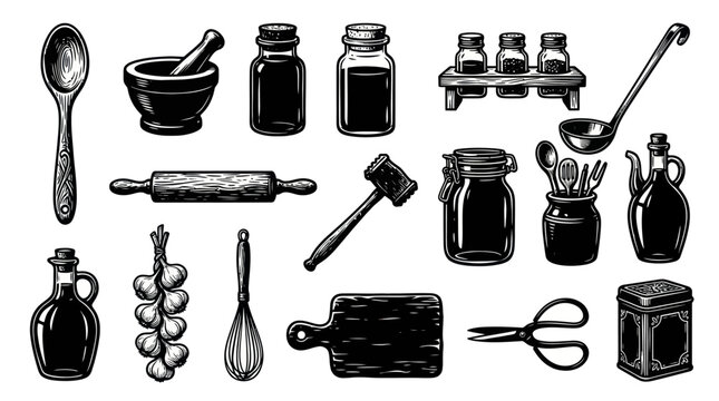 Culinary Kitchen Tools and Spices Vector Icons in Vintage Engraving Black and White Style