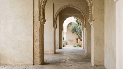 Obraz premium Minimalist Islamic background with 3D arches, pastel colors, and soft leaf shadows