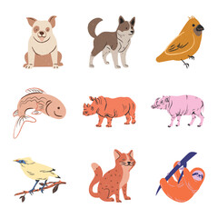 Obraz premium Set of diverse cute animals. Flat vector illustration of wild and domestic creatures including mammals, birds and fishes.