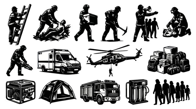 Rescue Workers and Emergency Services - Black and White Icons Set