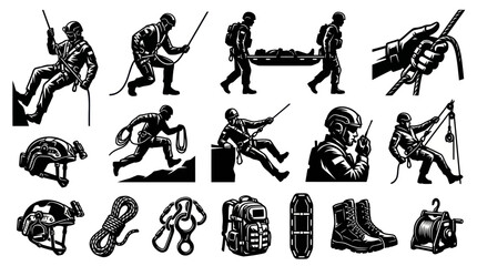 Obraz premium Black and White Vector Illustration Set of Search and Rescue Operations, Emergency Personnel, and Tactical Gear