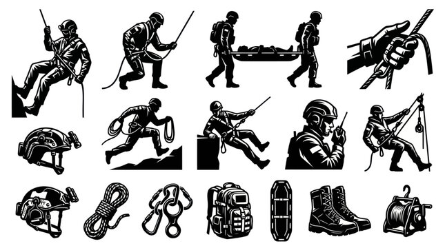 Black and White Vector Illustration Set of Search and Rescue Operations, Emergency Personnel, and Tactical Gear