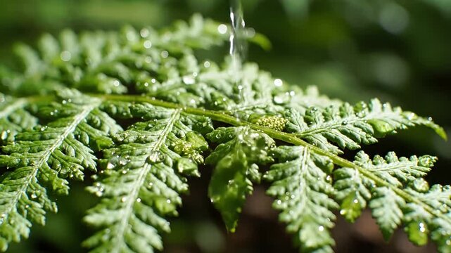 Closeup of a lush green fern frond with water droplets after rain.