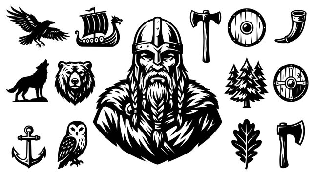 Viking Symbols Black and White Vector Art: Viking Head, Axe, Shield, Raven, Wolf, Bear