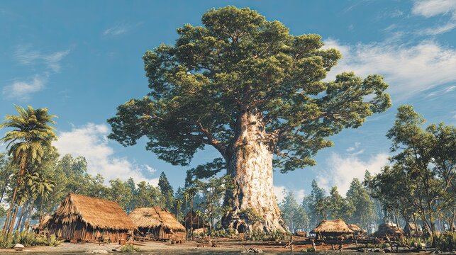 Kauri Tree - Colossal Sacred Tree with Tribal Village Aerial View Background
