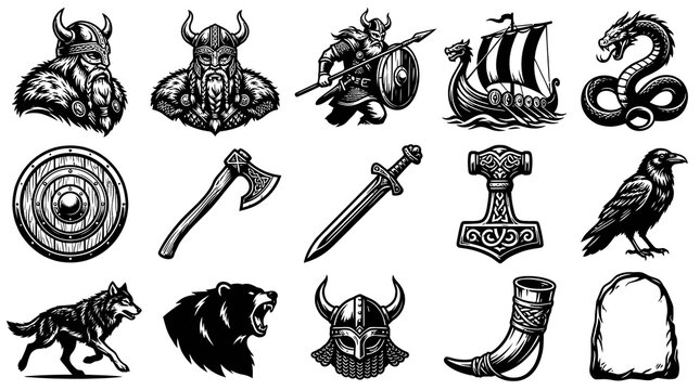 Viking Norse Mythology Icons Set. Black and White Engraved Line Art Collection of Ancient Warrior Symbols.