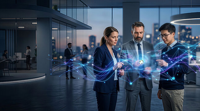 Conceptual image of AI and human collaboration, business professionals connected with glowing digital lines.