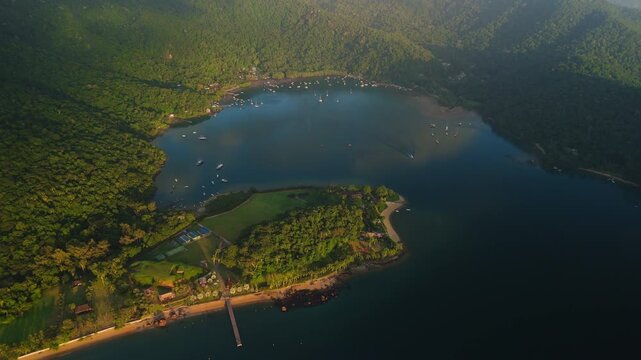 Aerial view of the calm lagoon named Saco do Ceu on the island of Ilha Grande near the town of Angra dos Reis in Brazil