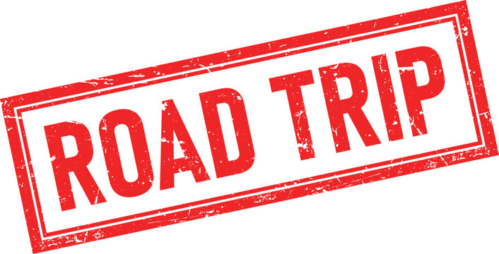 Distressed Road Trip Text in Red Rectangular Rubber Stamp Impression Isolated