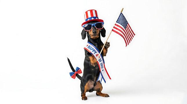 Dachshund dog wearing patriotic hat sunglasses and sash holding american flag animal canine