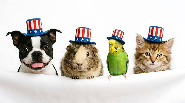 Dog guinea pig parrot and kitten wearing uncle sam hats boston terrier black white