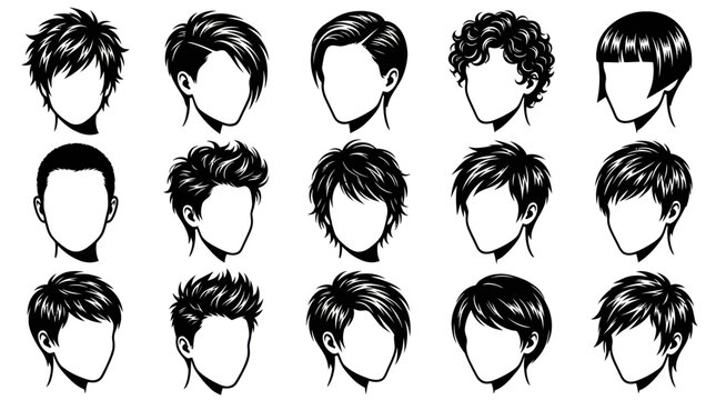 Black and White Line Art of Various Men's Hairstyles and Head Silhouettes