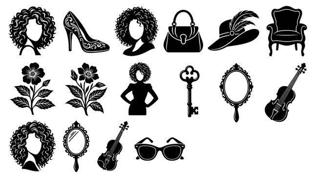 Black and white vector icons of vintage female fashion and accessories