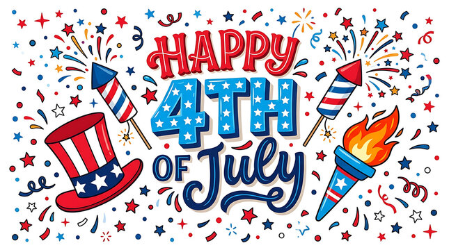 Happy 4th of july text with fireworks hat and torch fourth lettering