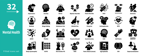 Mental health icons set 32 filled vector symbols. Editable stroke icons. Psychiatric disorders, depression, anxiety, burnout, bipolar, schizophrenia, addiction, PTSD, stress, trauma © faria