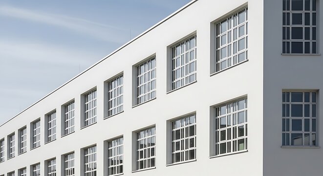 Modern minimalist architecture of a white building with a grid window pattern against a clear blue sky, low angle perspective of a contemporary office or school facade