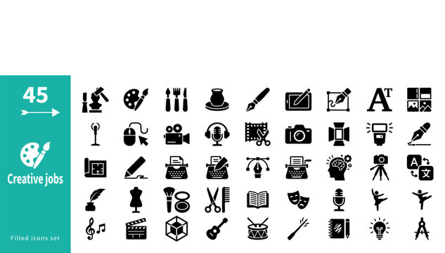 Creative jobs filled icon set. Solid editable stroke icons illustration for arts, design, media, content, music, fashion professions careers