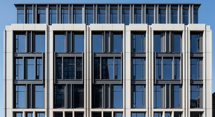 Obraz premium Modern office building facade with a grid pattern of stone and glass, featuring vertical metal fins and large windows under a clear blue sky in a contemporary architectural style