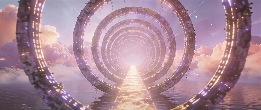 Futuristic portal ring glowing tunnel sci fi gate surreal sky fantasy landscape light pathway mystical horizon digital art dreamy cloud cosmic travel fantasy portal glowing ring surreal landscape