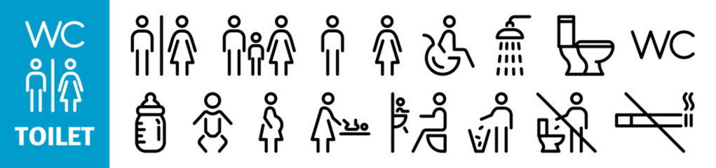 Fototapeta premium Set of toilet outline icons. Man, woman, baby, mother with baby, shower, toilet, wc, do not litter symbols. Male, female and disabled pictograms with no smoking sign. Editable stroke vector.
