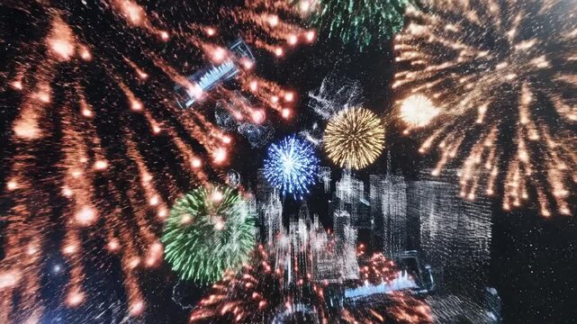 Spectacular fireworks display over a silhouetted cityscape at night, exploding with vibrant colors, celebration, and festive joy