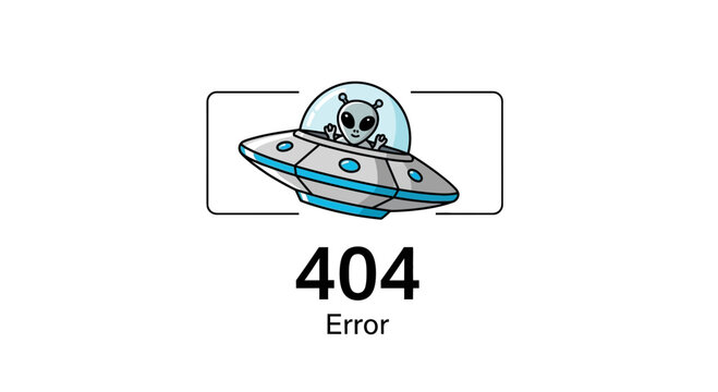 Alien in UFO flying saucer with 404 error message, concept of lost connection or website error