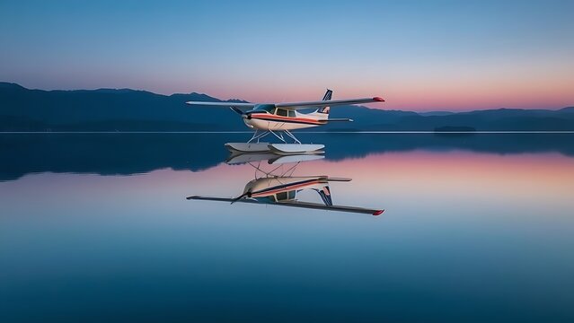 floatplane. A floatplane at rest on a mirror-like lake at dusk, wings reflected. mobility guides, transit brochures, designed for transport & logistics marketing, clarifies navigation.