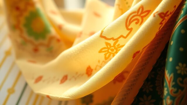 correlating. Detailed close-up of an embroidered Pashmina shawl in rich colors with soft folds. event programs, museum guides, designed for cultural heritage projects and event programs.