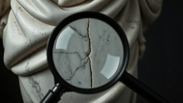 couter. A magnifying glass examines a fine crack in a classical marble sculpture. event programs, museum guides, designed for cultural heritage projects and event programs.