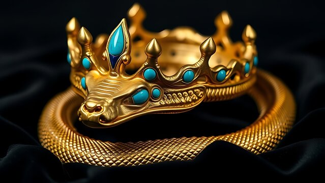 uraeus. Detailed golden cobra crown with turquoise inlays resting on black velvet. event programs, museum guides, designed for cultural heritage projects and event programs, used by recruiters.