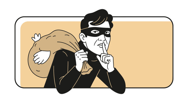 Thief with sack, shushing gesture, secret, crime, stealthy burglar in mask, illustration
