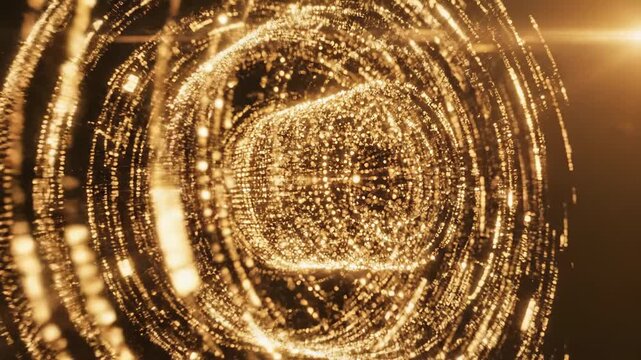 Abstract swirling golden particles forming a dynamic circular structure, digital motion background, technological or celebratory atmosphere