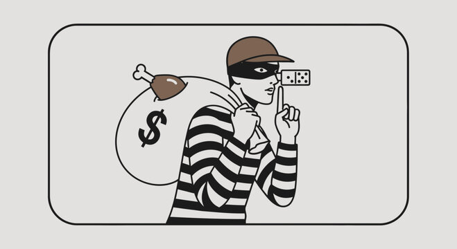 Thief with stolen goods, money bag, and dominoes, shushing gesture