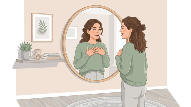 Illustration of a young woman practicing positive affirmations in front of a mirror, self-care and mental health concept
