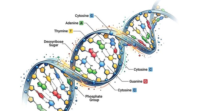 Detailed Artistic Illustration of DNA Double Helix With Nucleotides And Base Pairs In Perspective