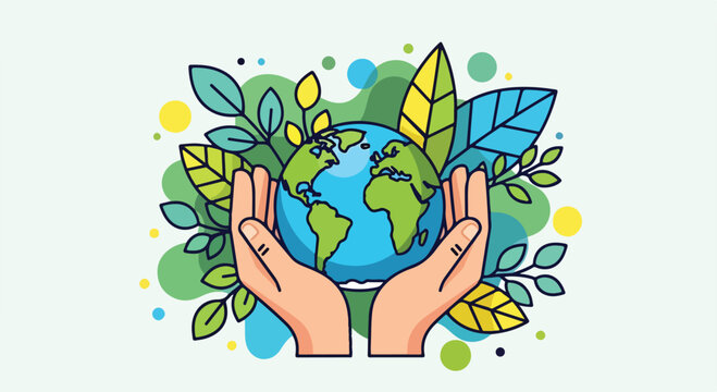 A colorful illustration of hands cradling the Earth surrounded by leaves